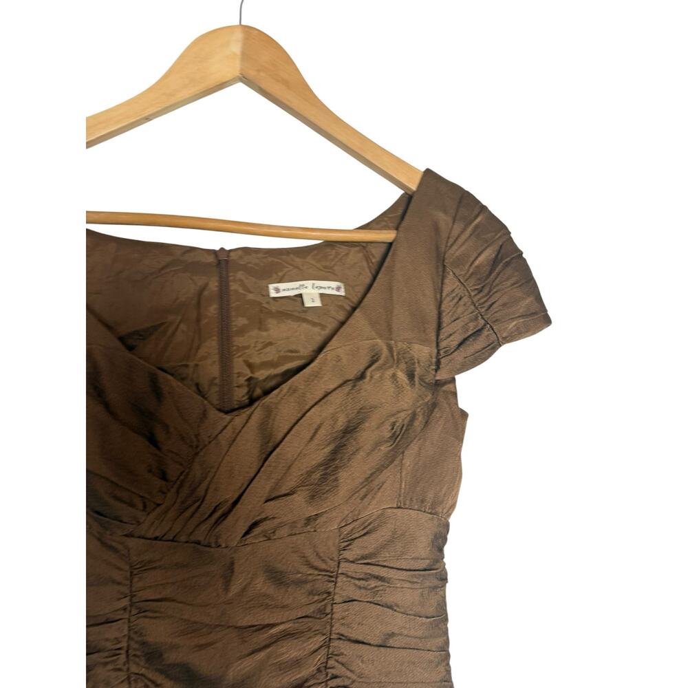 Nanette Lepore Bronze Brown Ruched Fitted Cap Sleeve Portrait V-Neck Silk Top 2 - Picture 5 of 6